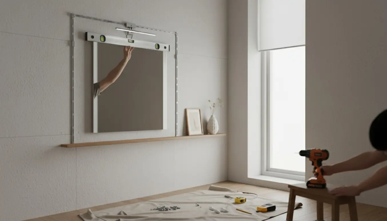 Hænder justerer et kvadratisk spejl med lysskinner, billedhylde og delvist trukket rullegardin i et lyst badeværelse.