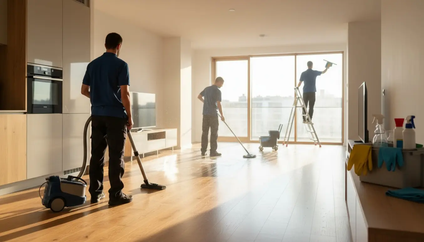 Rengøringspersoner uden synlige ansigter støvsuger, vasker gulv og pudser vinduer i et lyst, åbent hjem.