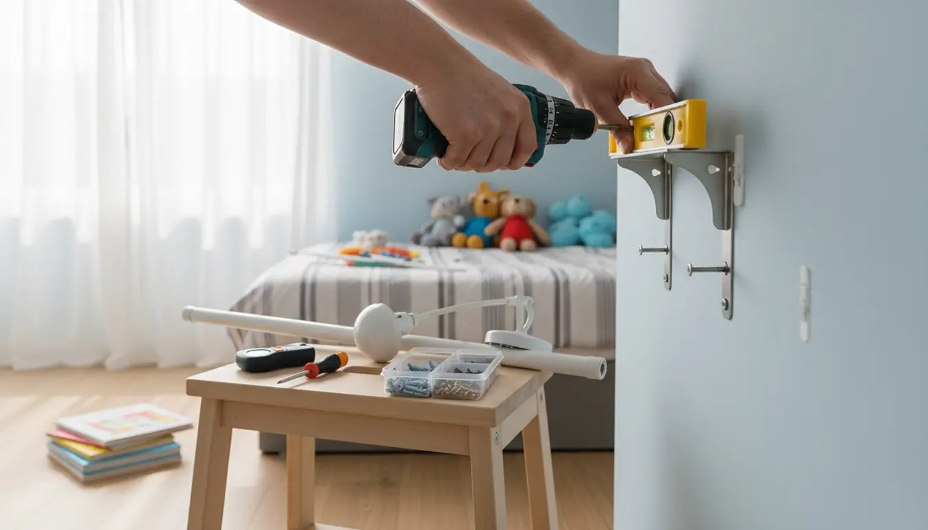 Hænder sikrer reolbeslag i et børneværelse med flyttet gardinstang og væglampe.