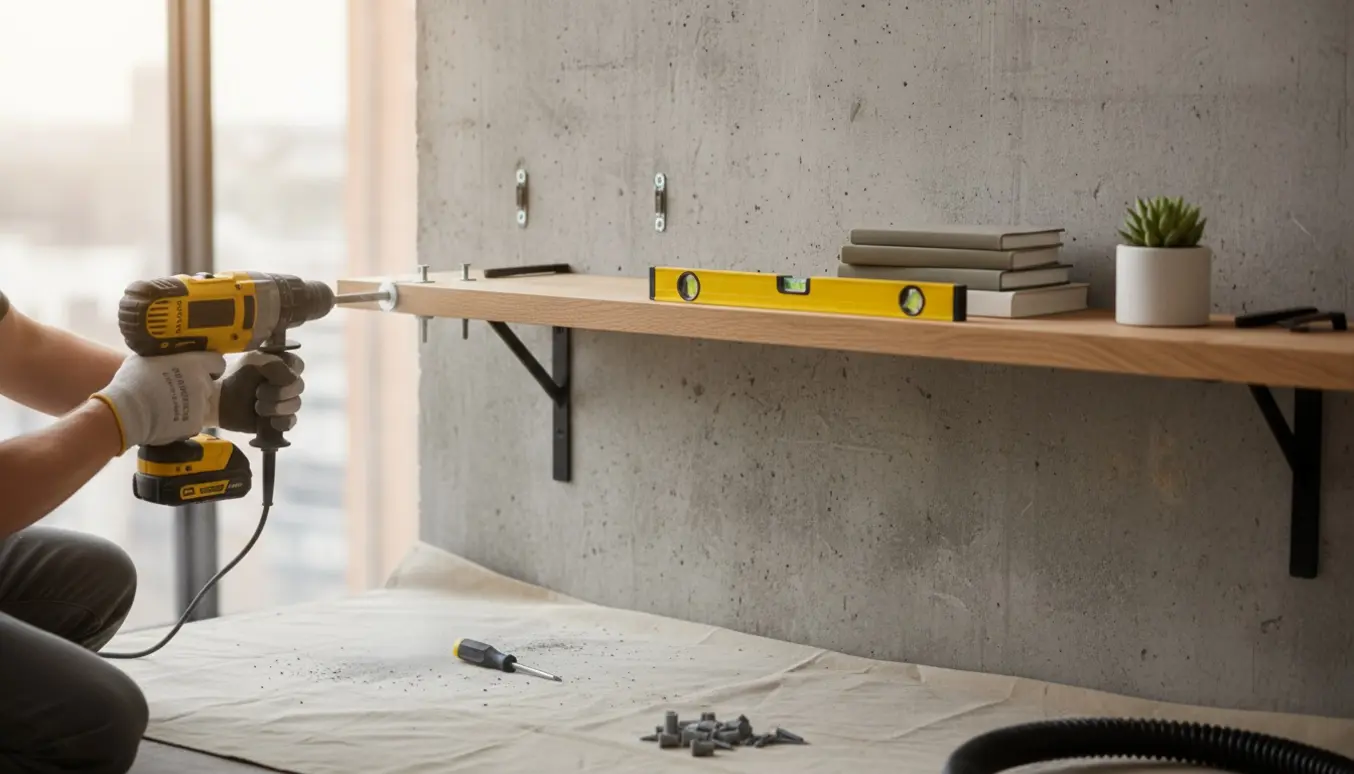 Nærbillede af en træhylde, der monteres på en rå betonvæg med boremaskine, plugs og værktøj.