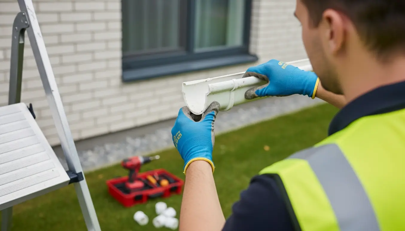 Håndværker monterer en plastik endebund på en tagrende i første sals højde.
