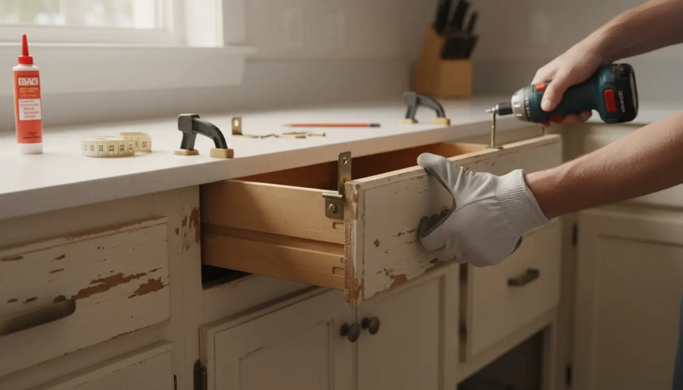 Hænder genmonterer en afrevet køkkenskuffelåge med skruetrækker og klemmer i et gammelt køkken.