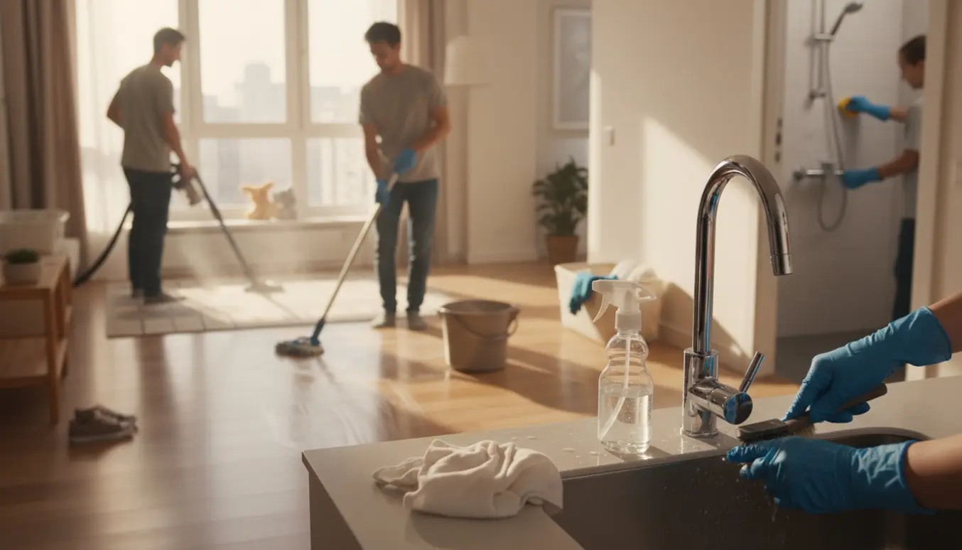 Hænder skrubber vask og gulv vaskes i en hyggelig familielejlighed i naturligt lys.