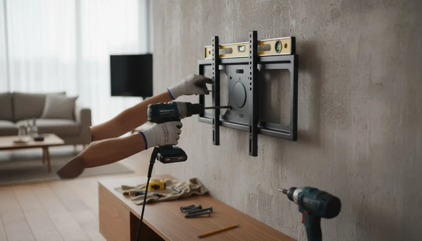 Hænder monterer et 65-tommer tv på en betonvæg med boreværktøj og beslag i en moderne stue.
