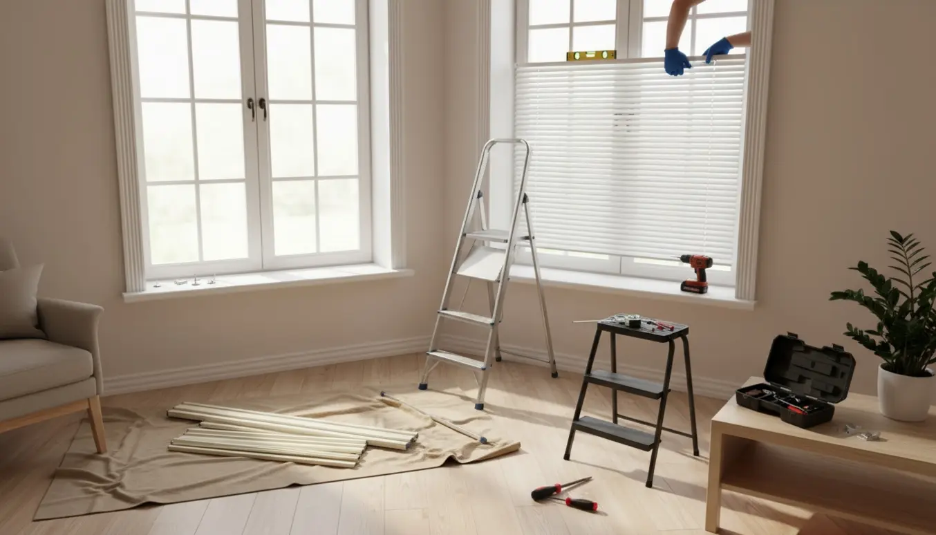 Installation af to nye persienner ved to vinduer med værktøj og hands-on arbejde, uden synlige ansigter.