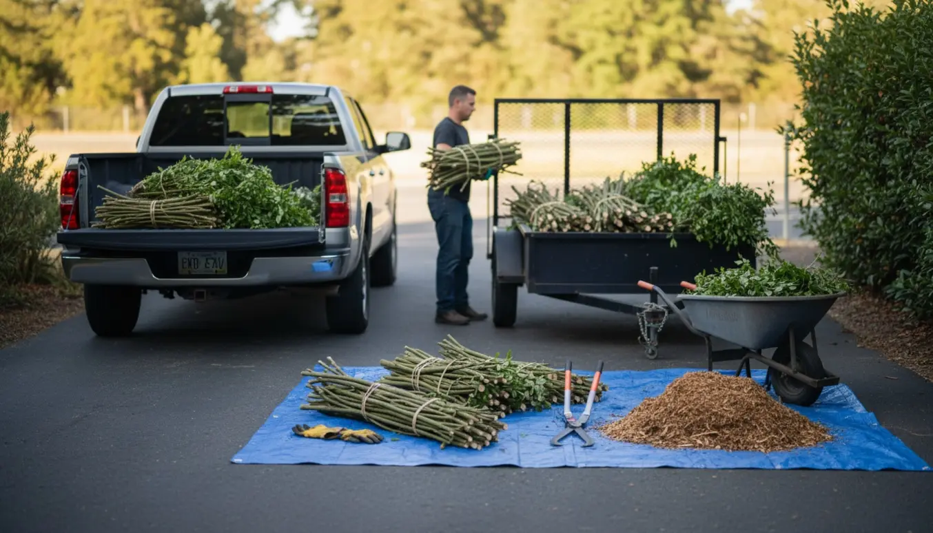 Pickup og trailer ved indkørsel fyldt med bundne grene og haveaffald klar til aflevering.
