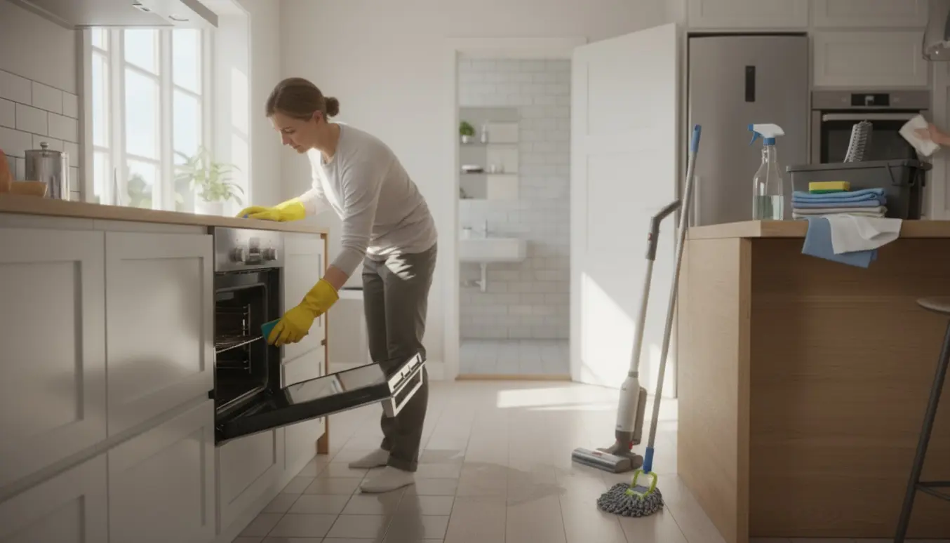 Handsker på hænderne mens ovnen og køleskabet bliver rengjort i et lyst, skandinavisk køkken.