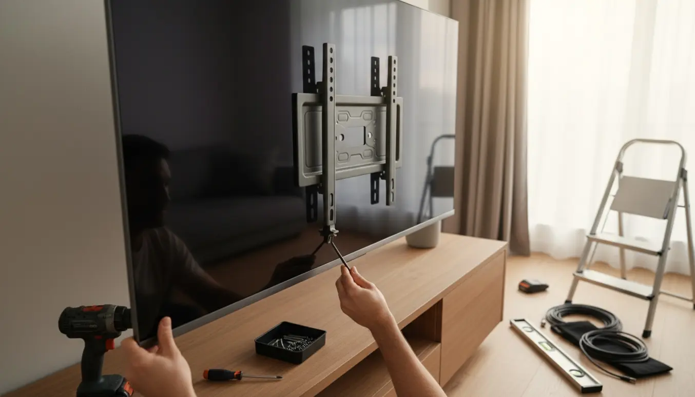 Hænder justerer et 55 tommer OLED-tv på et slankt vægbeslag i en lys, moderne stue.