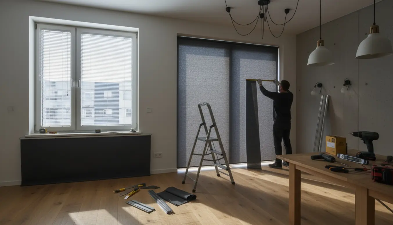 Montering af lamper og mørklægningsgardiner i en lejlighed med værktøj og afklip på gulvet.