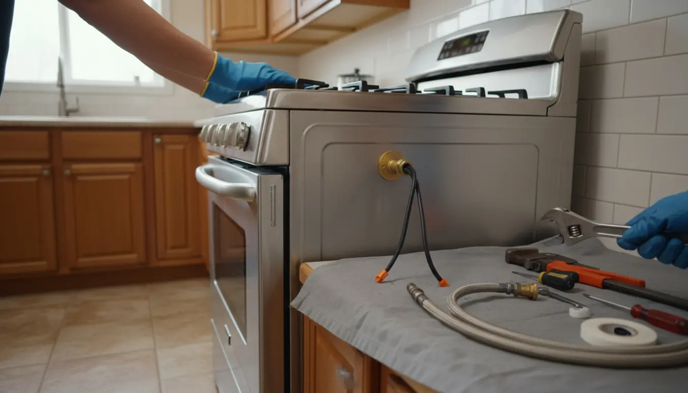 Handsker trækker et gaskomfur delvist ud i et køkken, med en proppet gasledning og afklippede ledninger ved siden af.