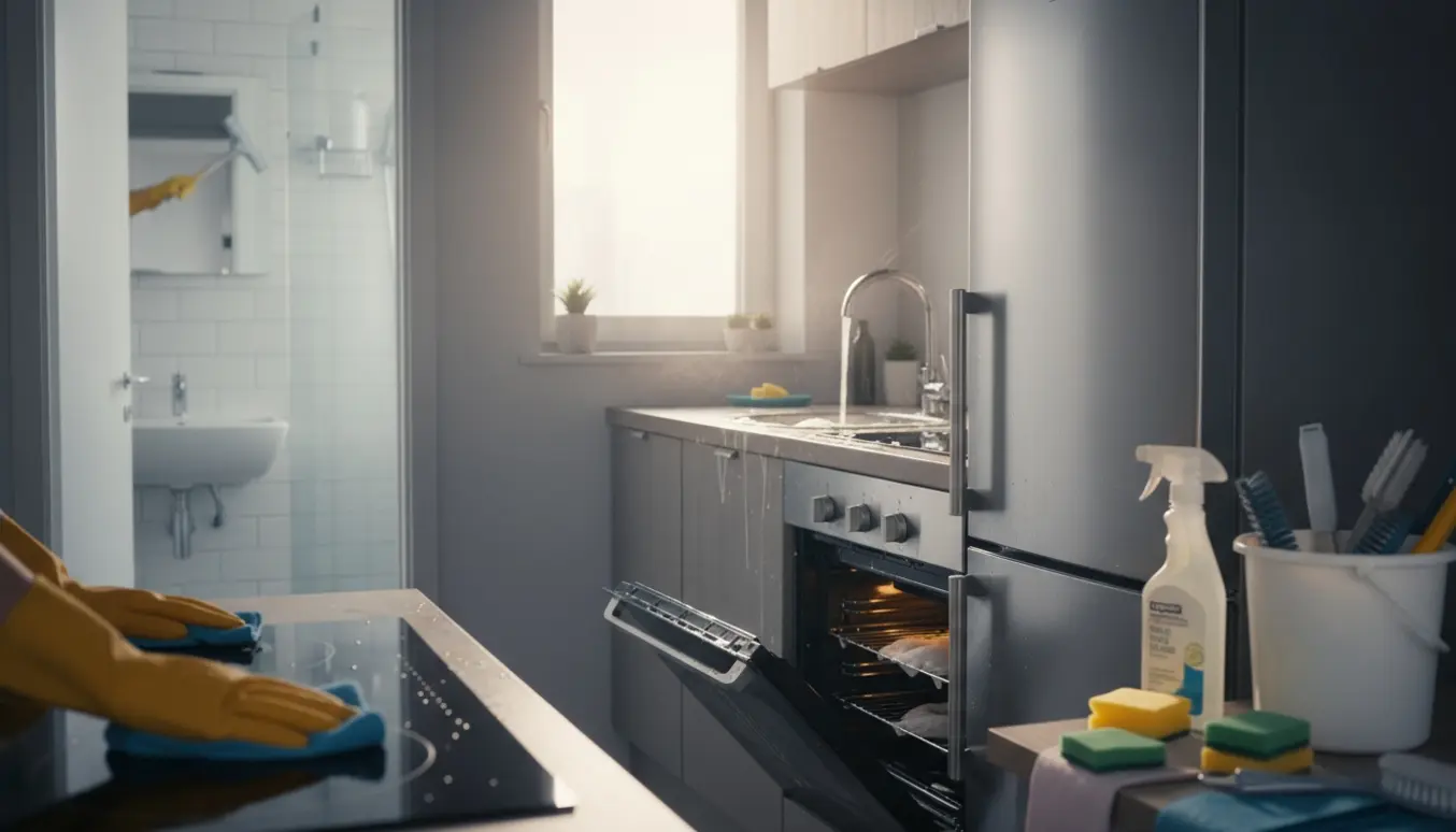 Et rent køkken med handsker på hænder, der pudser komfur og ovn, og et lille badeværelse synligt gennem en åben dør.