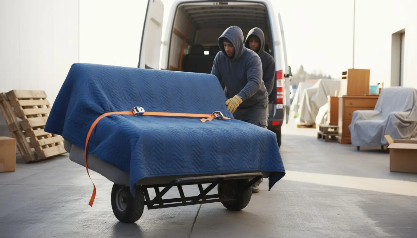 En sovesofa på en flyttevogn ved genbrugsmodtagelsen, klar til at blive læsset.