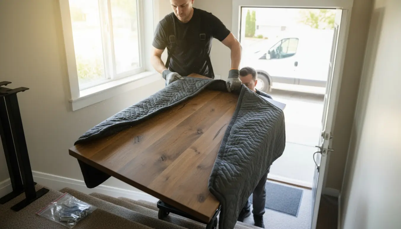 To personer bærer en stor afmonteret bordplade ned ad en trappe mod en åben varevogn, ansigterne er ude af fokus.