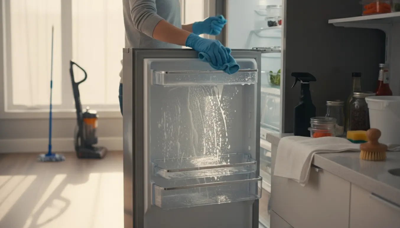 Handsker tørrer hylder i et åbent køleskab under hovedrengøring i køkkenet.