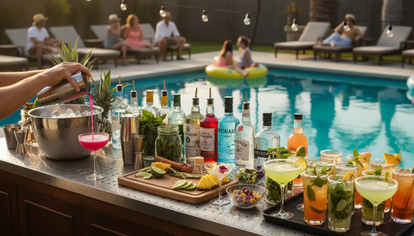 Bartender hælder en cocktail ved poolen ved en veludstyret bar med farverige drinks og garneringer.