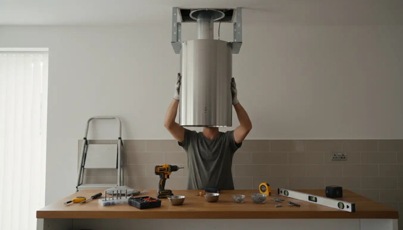 En håndværker monterer en rustfri stål loftemhætte i et køkken uden overskabe.