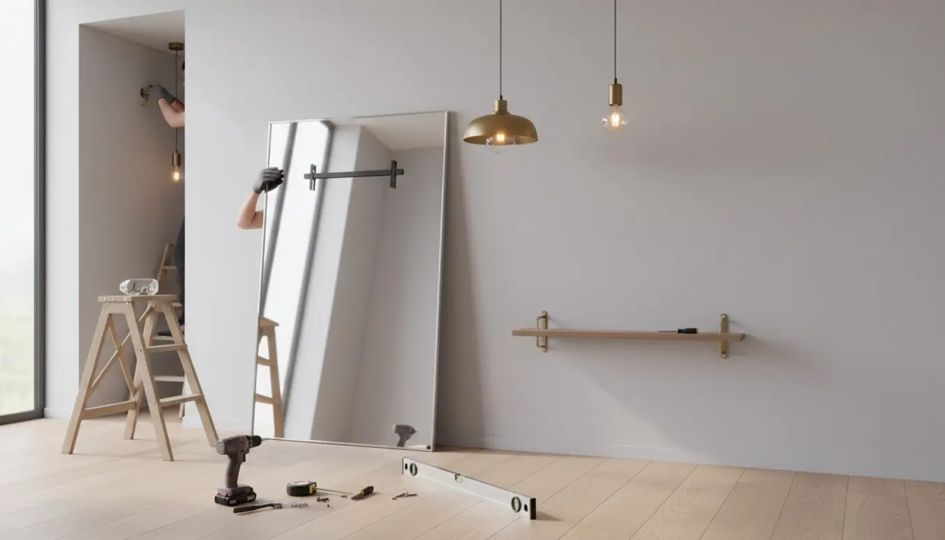 To pendellamper monteres, mens et stort vægspejl sættes op i et lyst, moderne rum.