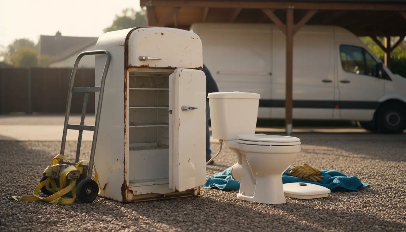 Et gammelt køleskab og et gulvstående toilet står foran en carport klar til bortskaffelse.