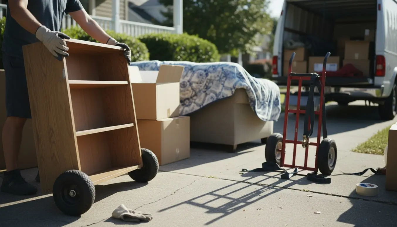 Personer bærer møbler og kasser ud af et hus og læsser dem på en flyttebil.