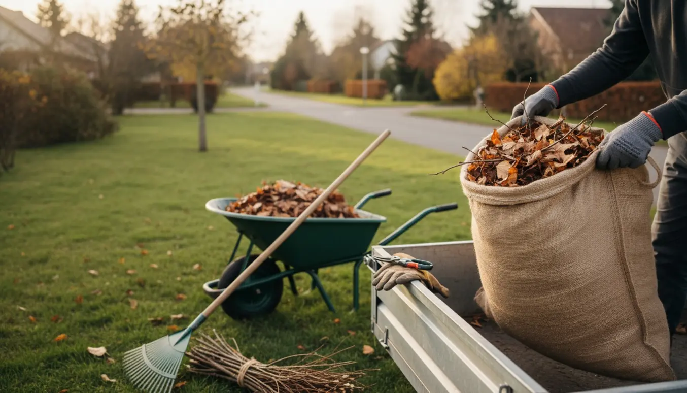 Hænder læsser en fyldt 60 liters havepose med blade og små grene i en åben ladtrailer ved et parcelhus.
