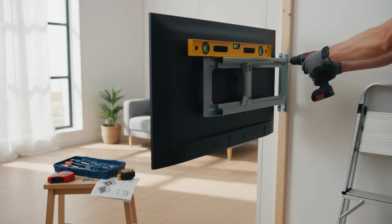 Hænder monterer et fladt fjernsyn på væggen med boremaskine og beslag i et lyst, ryddeligt rum.