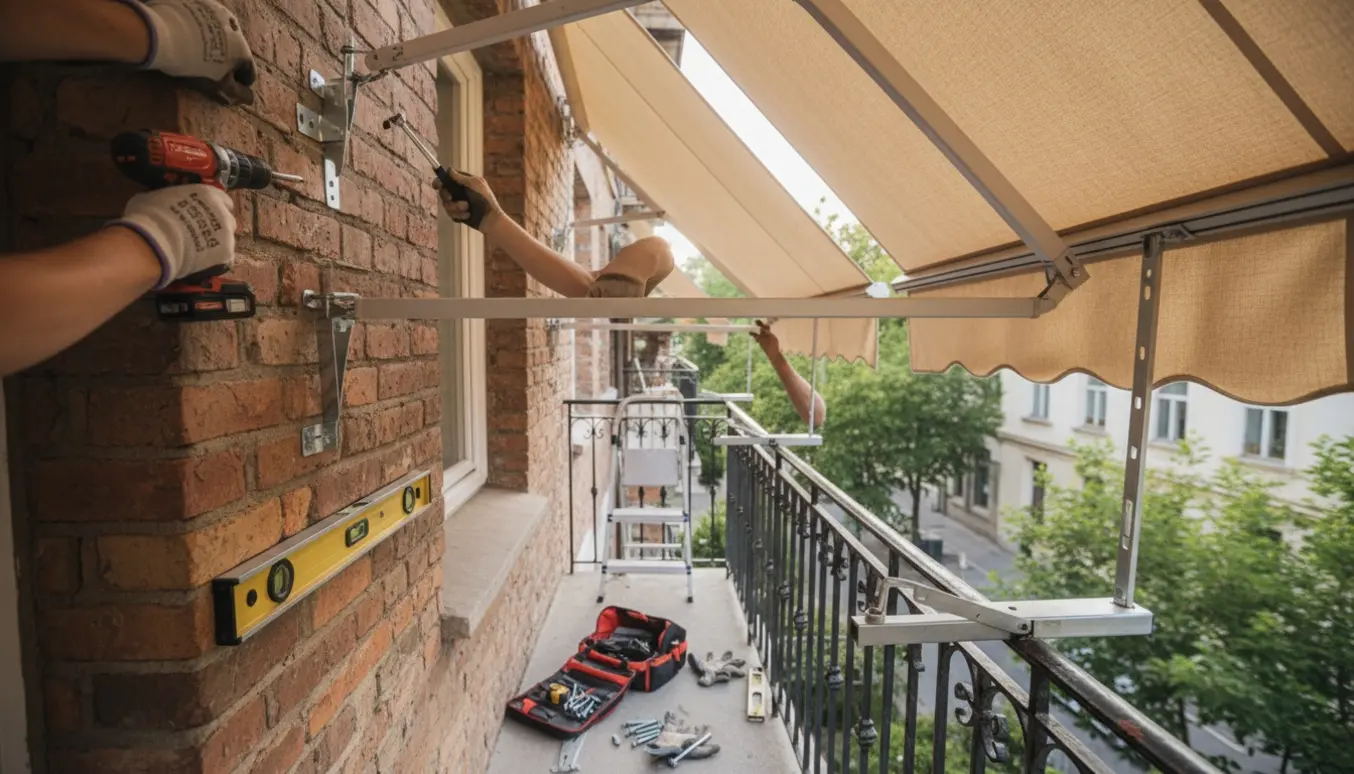 To personer monterer en markise på første sal med værktøj og beslag i fokus.