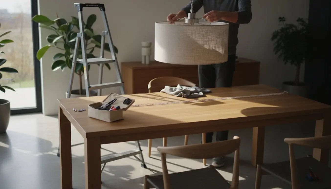 Hængelampe justeres over et spisebord, hænder på en stige centrerer lampen.