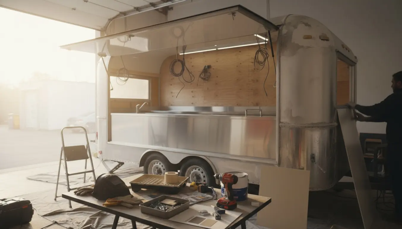 Madtrailer under renovering i en garage med værktøj og nymalede overflader.