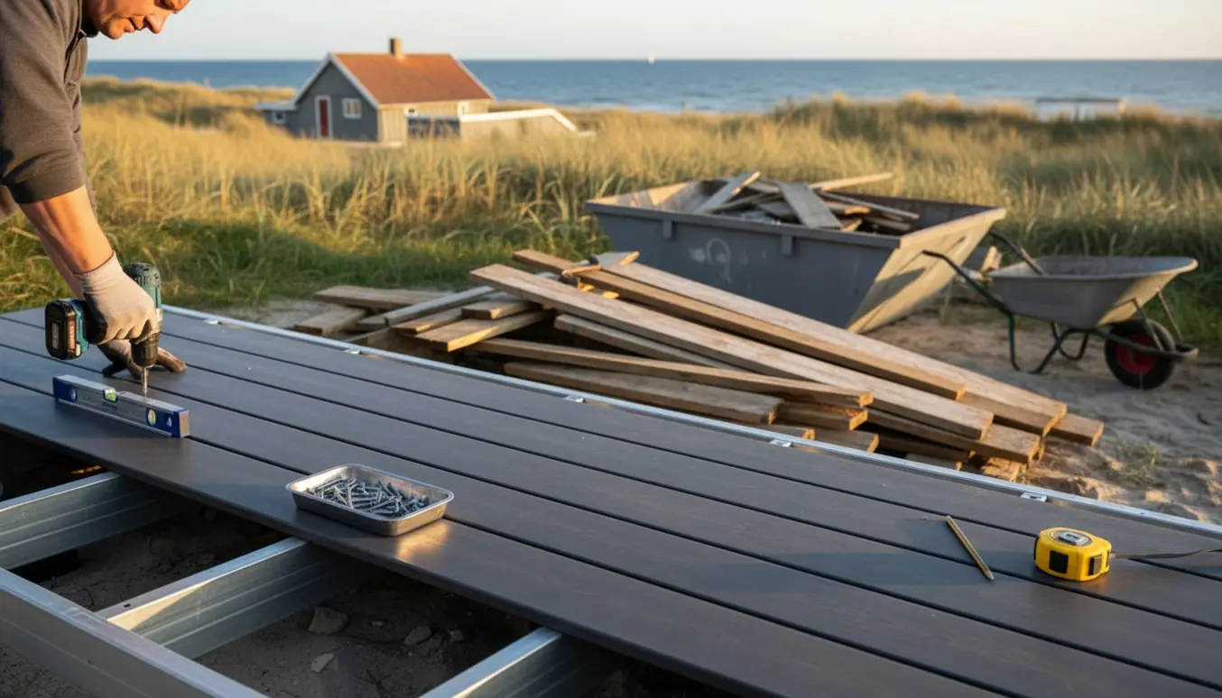 Renovering af terrasse ved Marielyst med fjernet gammelt træ og nye kompositbrædder ved kysten.