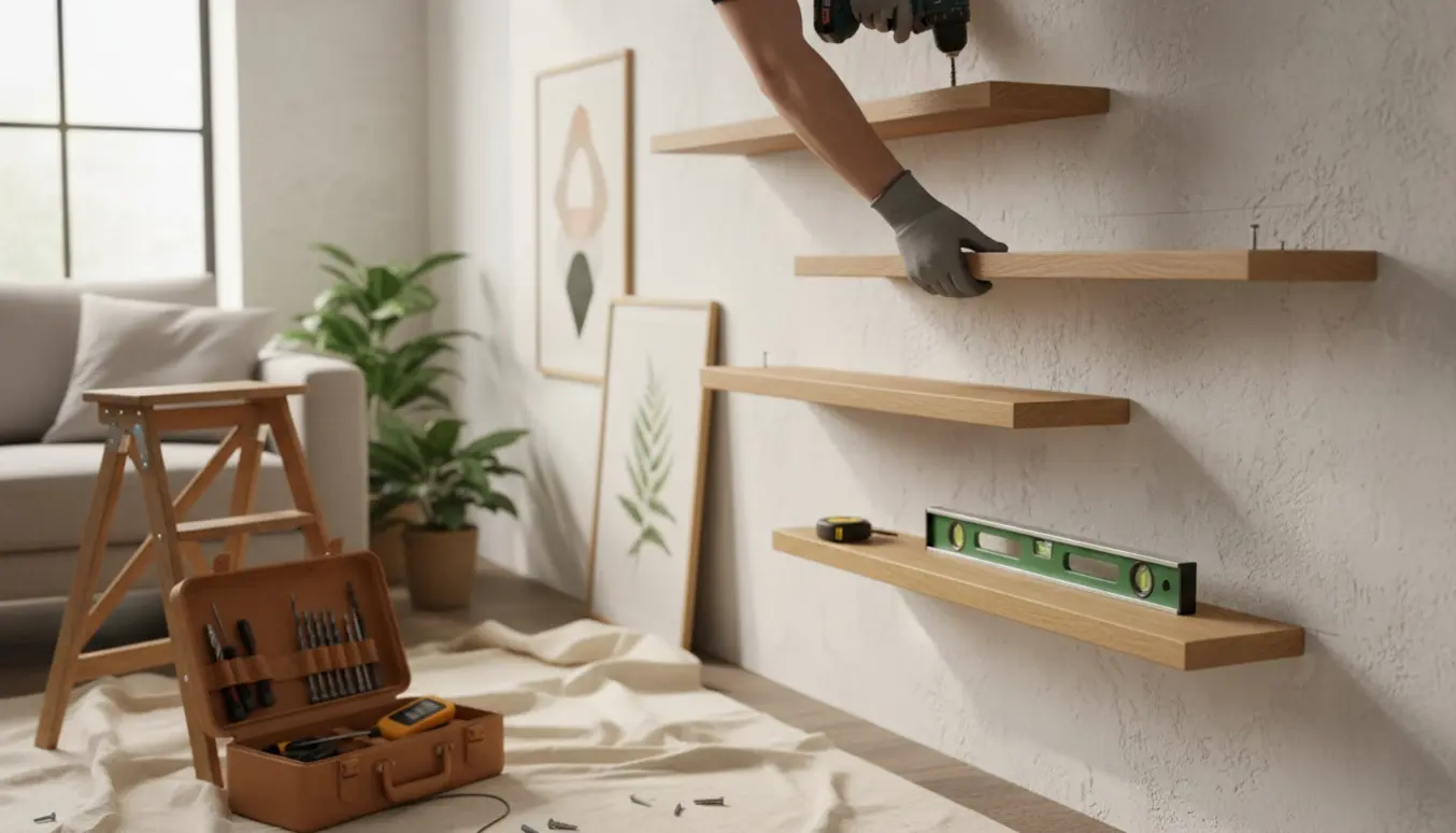 Hænder monterer træhylder på en væg med værktøj og billeder klar til ophæng.