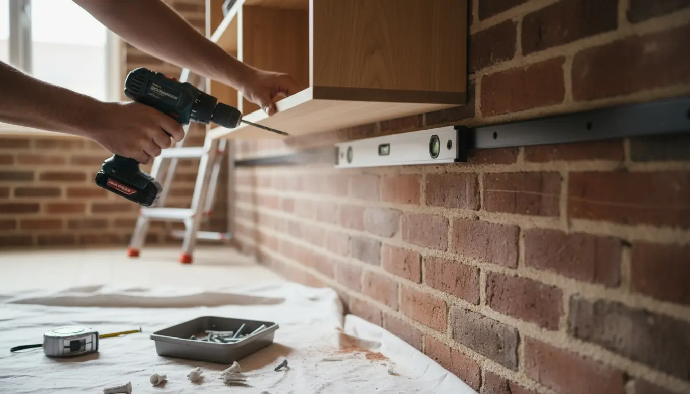 Nærbillede af hængning af en montanareol på murstensvæg med boremaskine, rawlplugs og vaterpas.