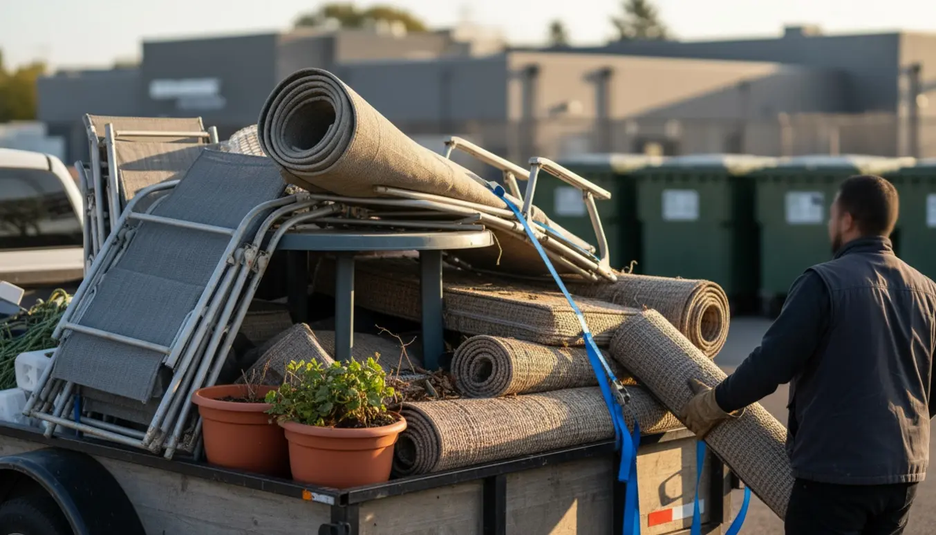 Terrassemøbler og affald læsses på en ladbil ved en genbrugsplads.