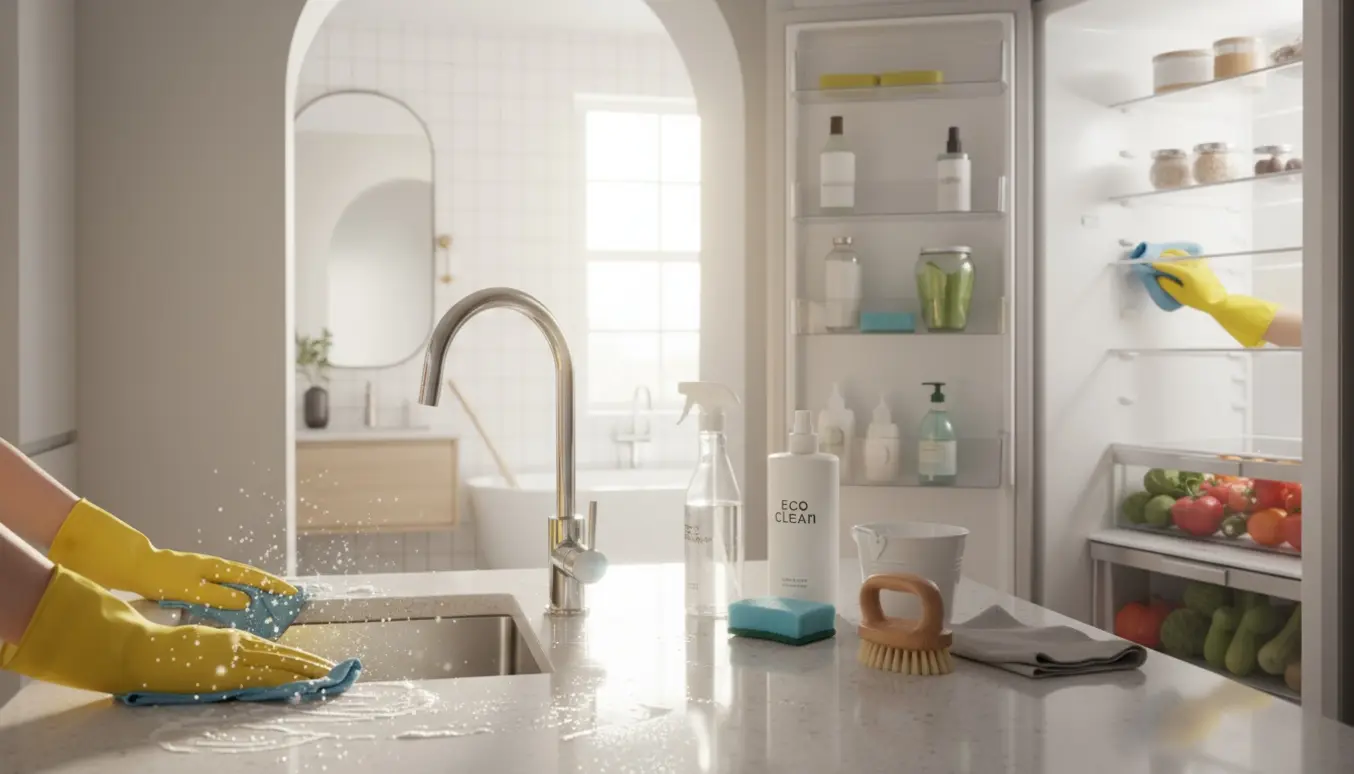 Gummihandsker aftørrer en skinnende køkkenvask foran et åbent, rengjort køleskab og rengøringsmidler.