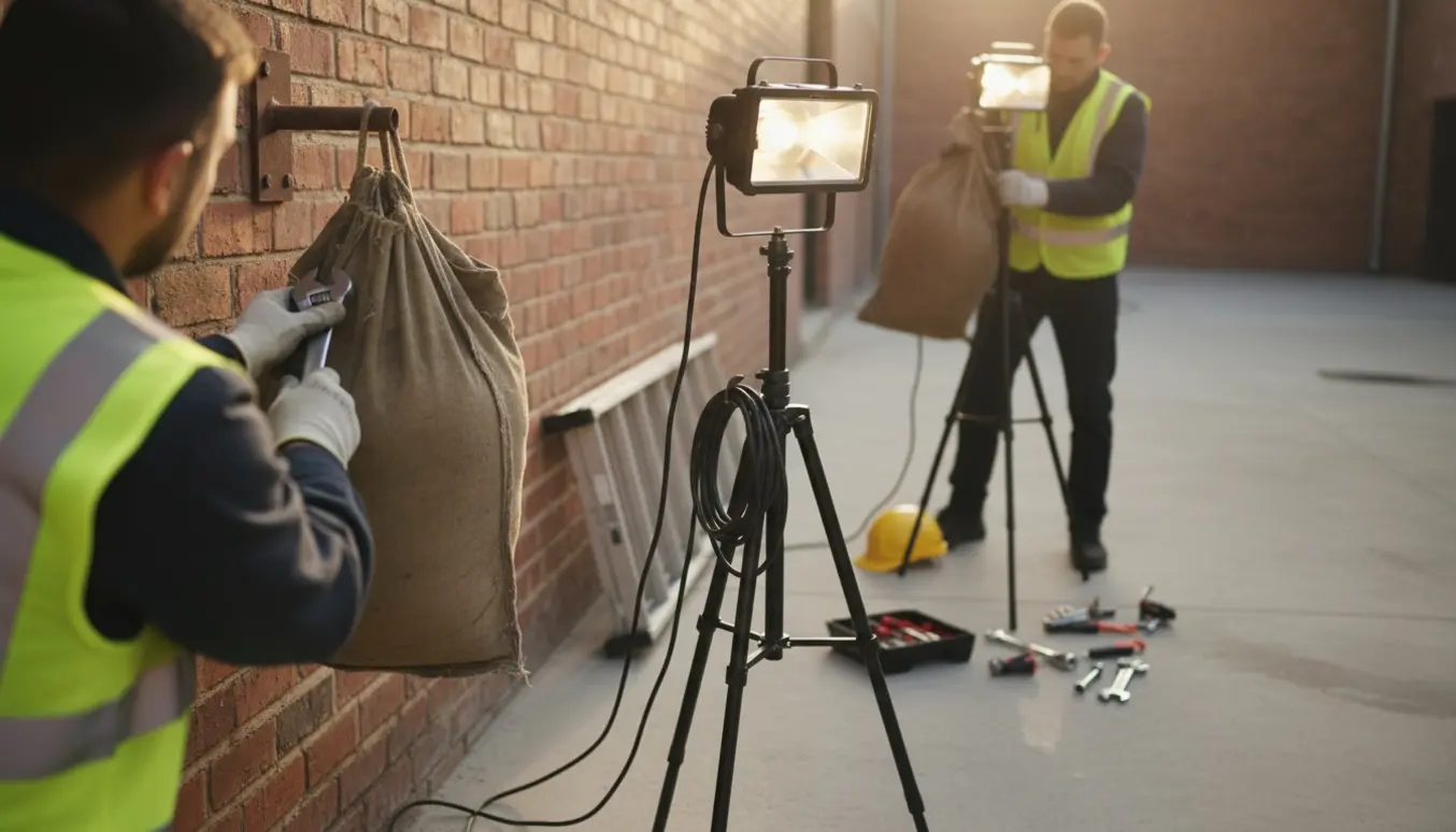 En arbejder tager et metalstativ med sandsæk ned fra en murstensmur og opsætter et nyt stativ med lampe i baggrunden.
