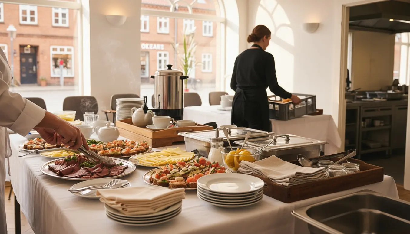 Buffetbord til konfirmation med hænder, der anretter fade og en person, der hælder kaffe i et lyst lokale i Ringsted.