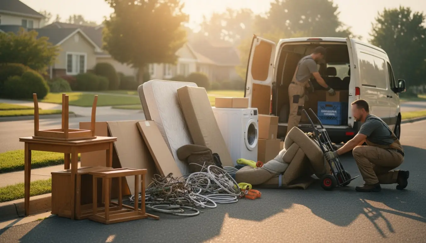 Åben varevogn og ordnede storskraldsbunker ved fortovet, mens to personer uden synlige ansigter sorterer møbler og hårde hvidevarer.