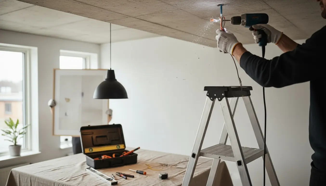 Hænder monterer en loftlampe i en moderne stue med værktøj og et billede klar til ophæng.