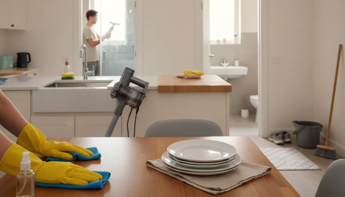 Hænder i gummihandsker tørrer et spisebord med et skinnende køkken og en ryddet entré i baggrunden.