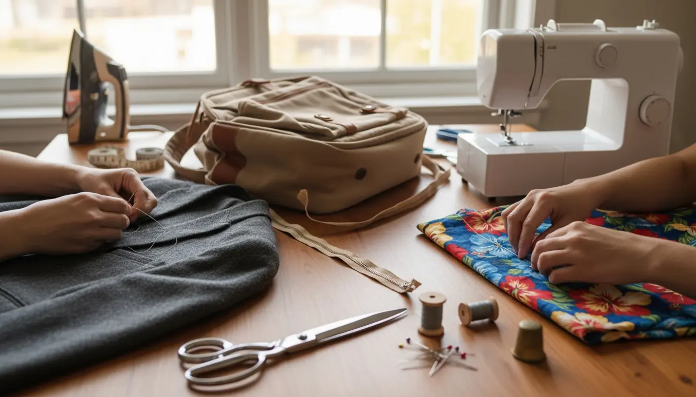 Hænder reparerer en jakke, monterer en ny lynlås på en rygsæk og forkorter en farverig Hawaii-skjorte på et solbelyst sybord.