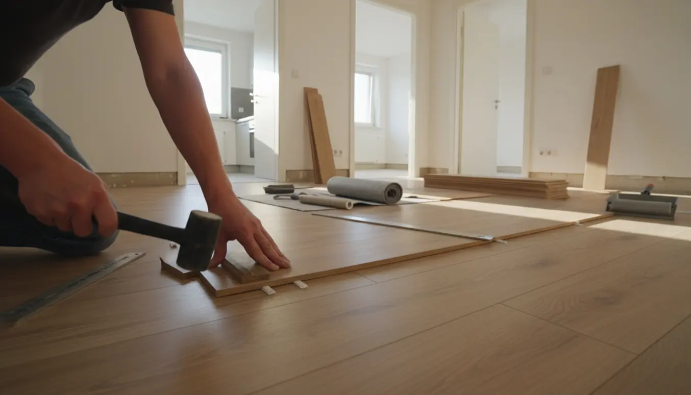 Nærbillede af hænder, der lægger vinylplanker i en lys lejlighed med værktøj og underlag ved siden af.