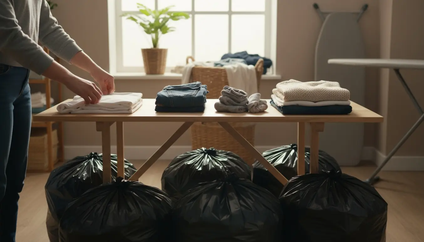 Hænder folder tøj ved et bord med cirka seks halvfyldte sorte sække i baggrunden.