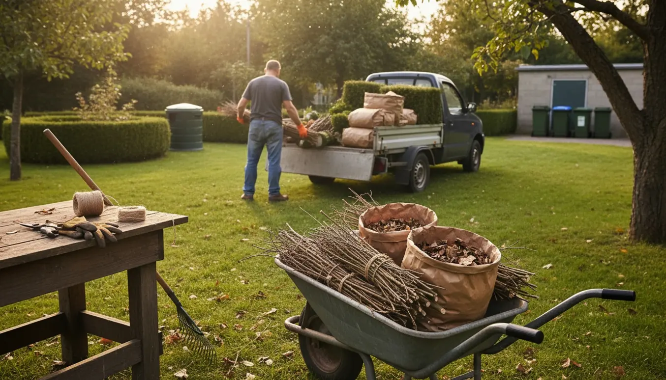 Person læsser haveaffald på trailer ved en ryddet forhave, klar til kørsel til genbrugspladsen.