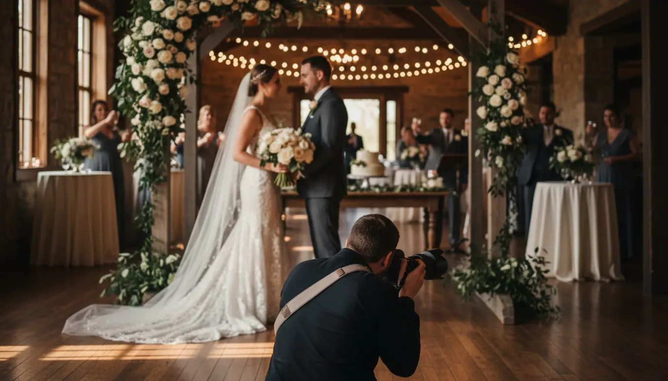Fotograf fotograferer brudeparret ved vielsen med bryllupsreception i baggrunden.