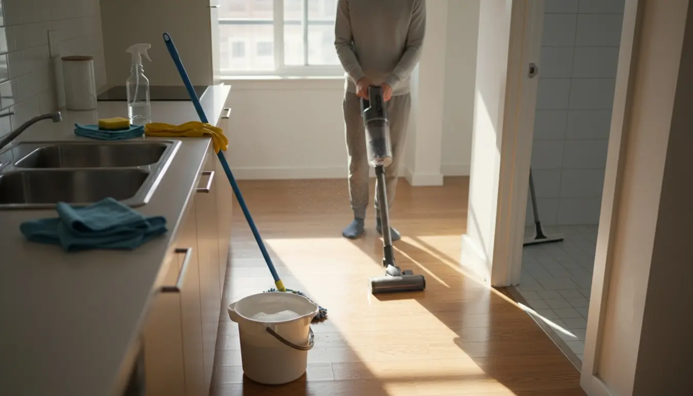 Rengøringsscene i en lille lejlighed med støvsuger, moppe og rengøringsmidler i blødt naturligt lys.