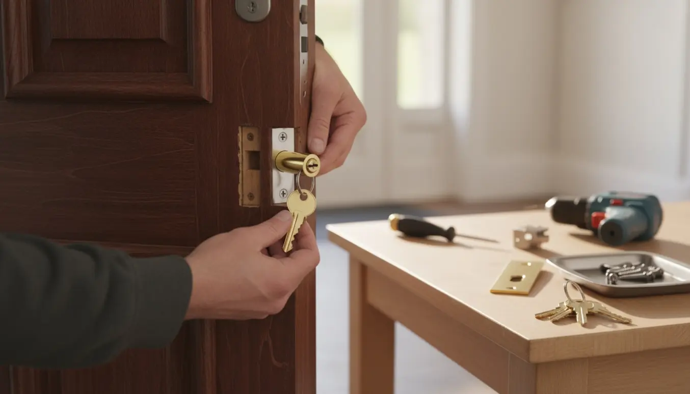 Hænder udskifter en ny dørlås i hoveddøren med værktøj og nøgler i entréen.