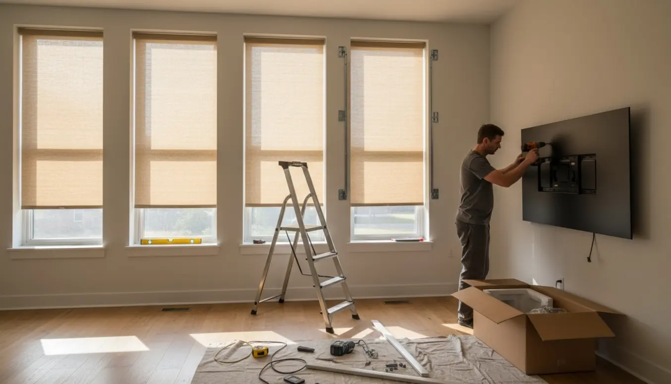 Hænder monterer et tv på væggen, mens fem rullegardiner bliver sat op i et lyst, moderne rum.