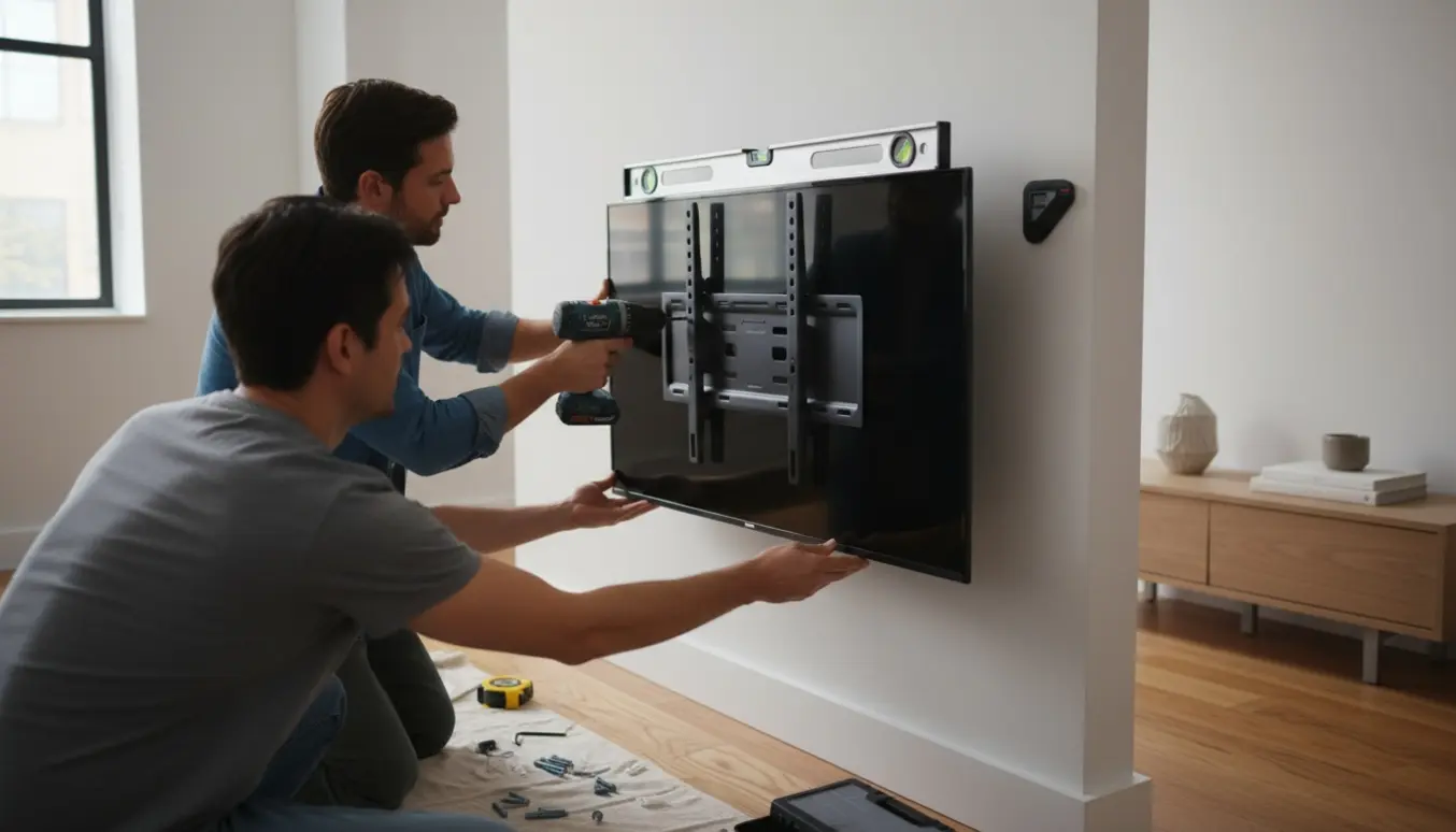 Hænder monterer et fladskærms-tv på en væg med værktøj og vaterpas i en lys stue.