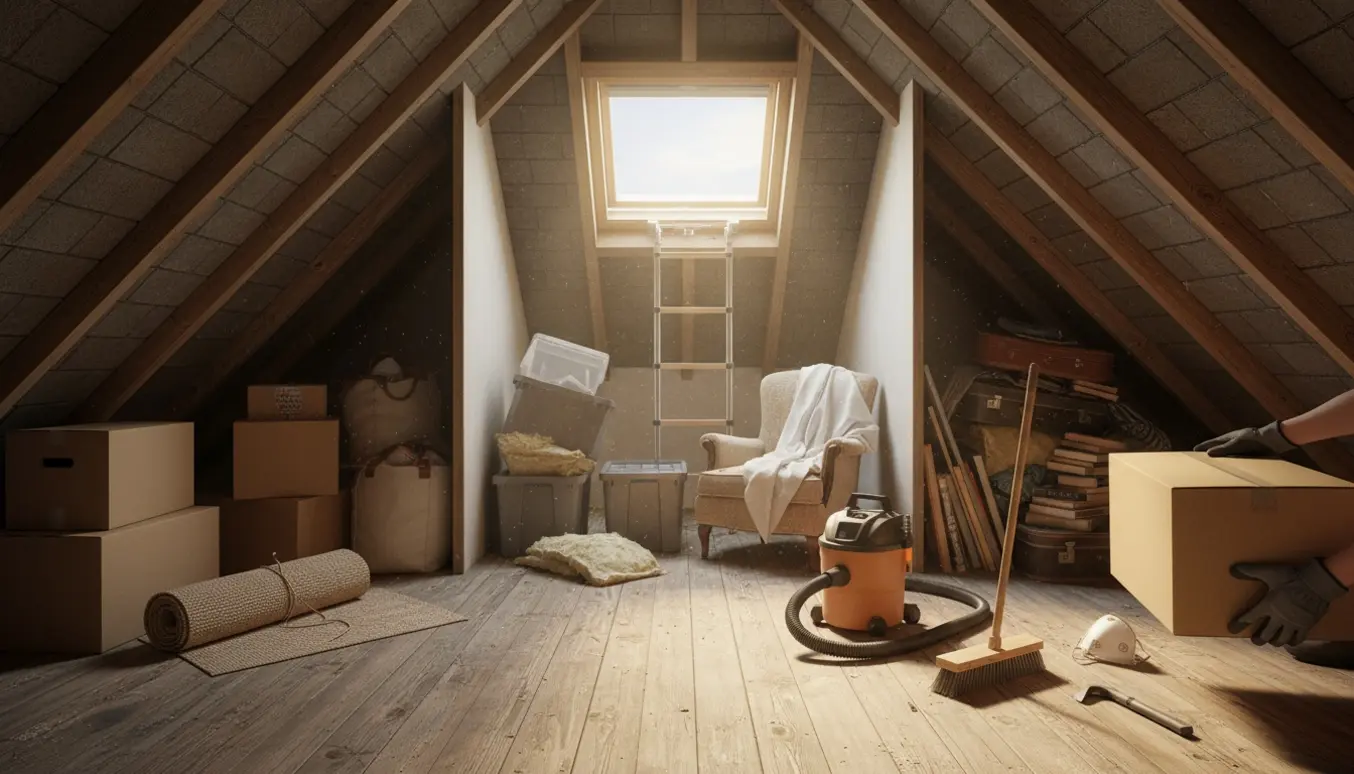 Tre små loftrum med skrå vægge, ryddearbejde i gang med kasser og redskaber.