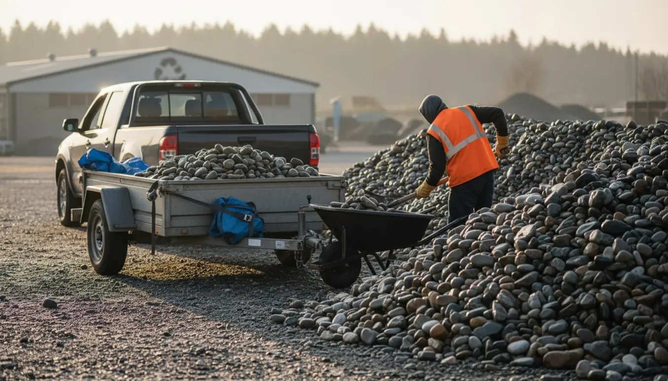 Trailer parkeret ved en stor bunke glatte havesten, en person læsser sten med skovl og trillebør.