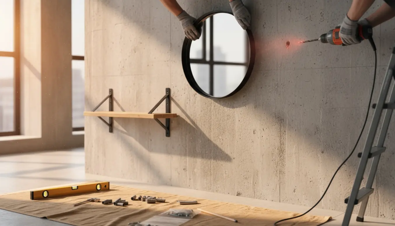 Hænder monterer et spejl og forbereder en hylde på en rå betonvæg med boremaskine, rawlplugs og vaterpas.